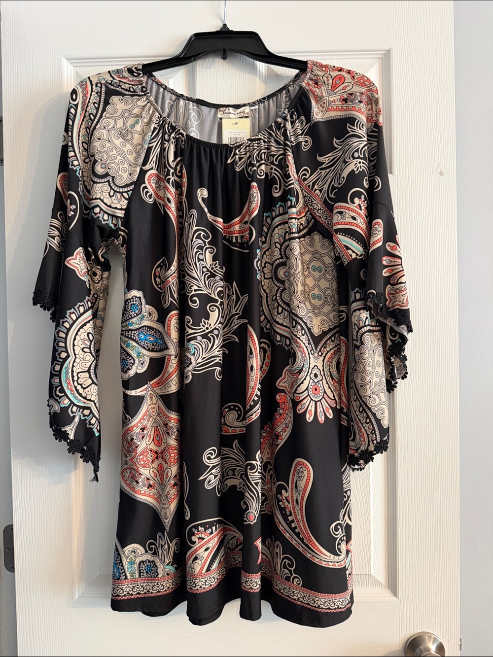 Black Paisley-Print Mini Dress with Lace-Trim Sleeves